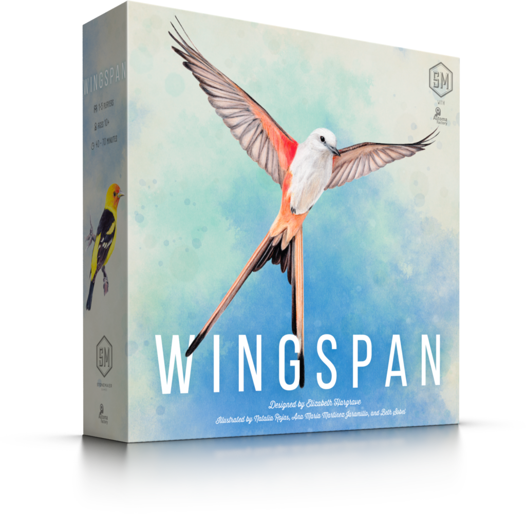 Wingspan brettspill i eske med en vakker fugl på forsiden