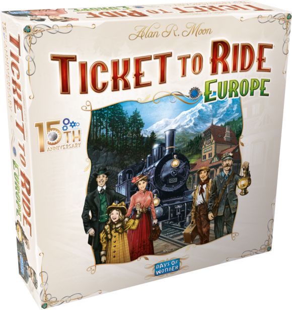Ticket to Ride Europe brettspill i eske med lokomotiv på forsiden